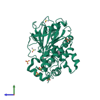 PDB entry 7bmb coloured by chain, side view.