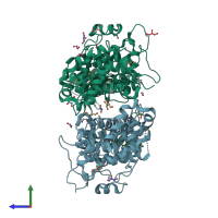 PDB entry 7bmk coloured by chain, side view.