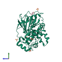 PDB entry 7bn5 coloured by chain, side view.