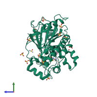 PDB entry 7bnj coloured by chain, side view.