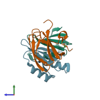 PDB entry 7bnt coloured by chain, side view.
