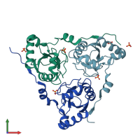 PDB entry 7bru coloured by chain, front view.