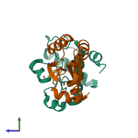PDB entry 7bzk coloured by chain, side view.