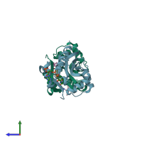 PDB entry 7dak coloured by chain, side view.