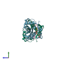 PDB entry 7dal coloured by chain, side view.