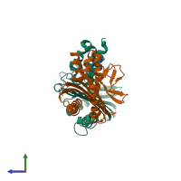 PDB entry 7ds2 coloured by chain, side view.