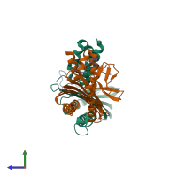 PDB entry 7ds3 coloured by chain, side view.