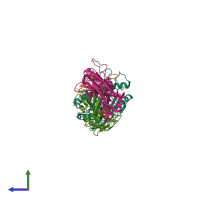 PDB entry 7dzn coloured by chain, side view.