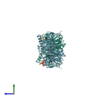 PDB entry 7ec3 coloured by chain, side view.