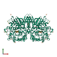 Homo dimeric assembly 1 of PDB entry 7ehh coloured by chemically distinct molecules, front view.