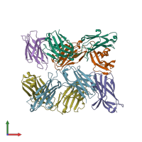 PDB entry 7elx coloured by chain, front view.