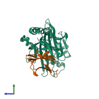 PDB entry 7em9 coloured by chain, side view.