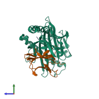 PDB entry 7emd coloured by chain, side view.