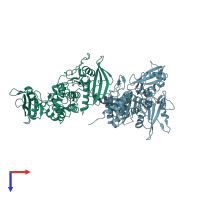 PDB entry 7emn coloured by chain, top view.