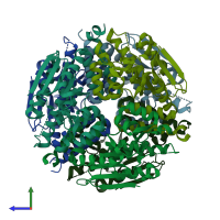 PDB entry 7eum coloured by chain, side view.