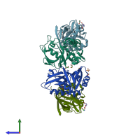 PDB entry 7fsp coloured by chain, side view.