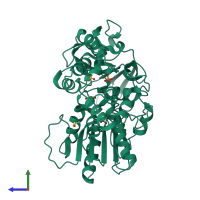 PDB entry 7ga3 coloured by chain, side view.