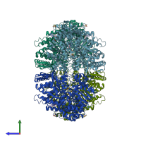 PDB entry 7gpb coloured by chain, side view.