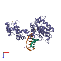 Hetero trimeric assembly 1 of PDB entry 7icf coloured by chemically distinct molecules, top view.