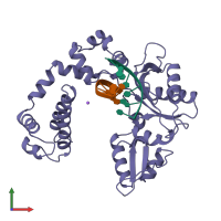 Hetero trimeric assembly 1 of PDB entry 7icg coloured by chemically distinct molecules, front view.