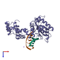 Hetero trimeric assembly 1 of PDB entry 7icg coloured by chemically distinct molecules, top view.