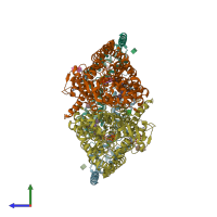 PDB entry 7jm7 coloured by chain, side view.