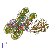 PDB entry 7joa coloured by chain, top view.
