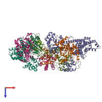 Hetero pentameric assembly 1 of PDB entry 7jpr coloured by chemically distinct molecules, top view.