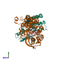 PDB entry 7jux coloured by chain, side view.