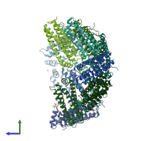 PDB entry 7k26 coloured by chain, side view.