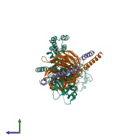 PDB entry 7k7z coloured by chain, side view.