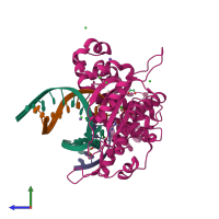 PDB entry 7k96 coloured by chain, side view.