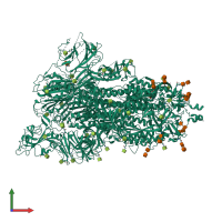 Homo trimeric assembly 1 of PDB entry 7kdl coloured by chemically distinct molecules, front view.