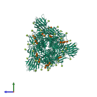 Homo trimeric assembly 1 of PDB entry 7kdl coloured by chemically distinct molecules, side view.