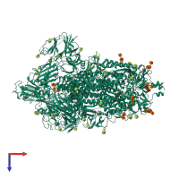 Homo trimeric assembly 1 of PDB entry 7kdl coloured by chemically distinct molecules, top view.