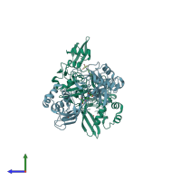 PDB entry 7keh coloured by chain, side view.