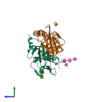 PDB entry 7kei coloured by chain, side view.