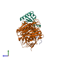 PDB entry 7kev coloured by chain, side view.