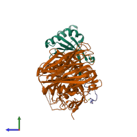 PDB entry 7kfa coloured by chain, side view.