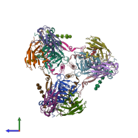 PDB entry 7kfb coloured by chain, side view.