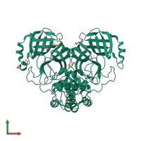 Homo dimeric assembly 1 of PDB entry 7kfi coloured by chemically distinct molecules, front view.