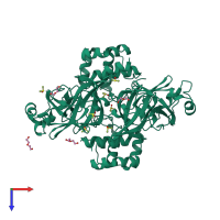 Homo dimeric assembly 1 of PDB entry 7kfi coloured by chemically distinct molecules, top view.