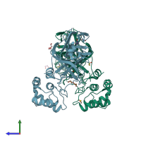 PDB entry 7kfi coloured by chain, side view.