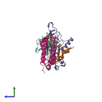 PDB entry 7khh coloured by chain, side view.