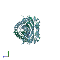 PDB entry 7kkw coloured by chain, side view.