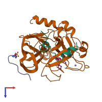 PDB entry 7kme coloured by chain, top view.