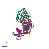 PDB entry 7kuf coloured by chain, side view.