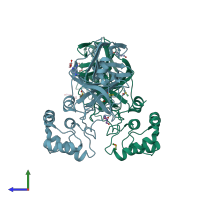 PDB entry 7kvr coloured by chain, side view.