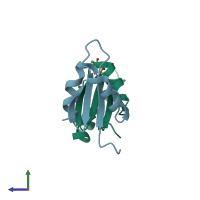 PDB entry 7kww coloured by chain, side view.