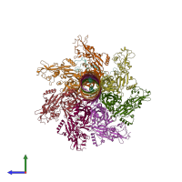 PDB entry 7kxr coloured by chain, side view.